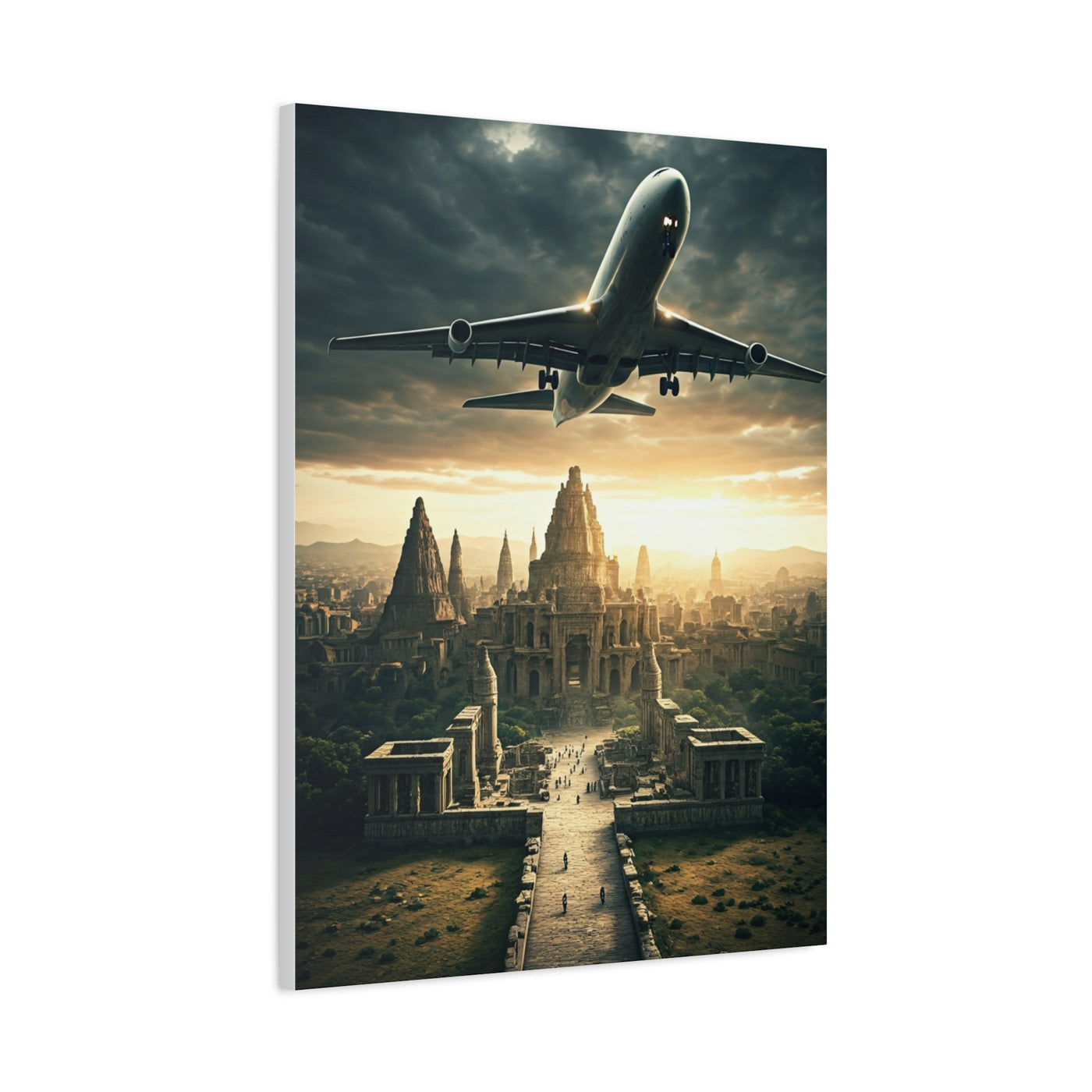 Airliner Over Ancient City Sunrise Wall Art & Canvas Prints