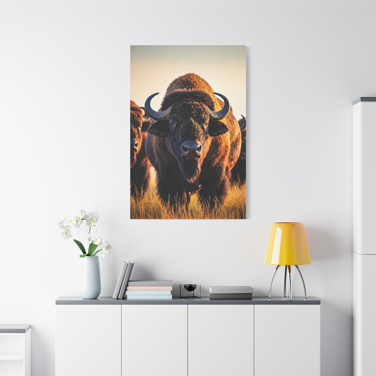 Bison Herd Leader in Golden Field Wall Art & Canvas Print