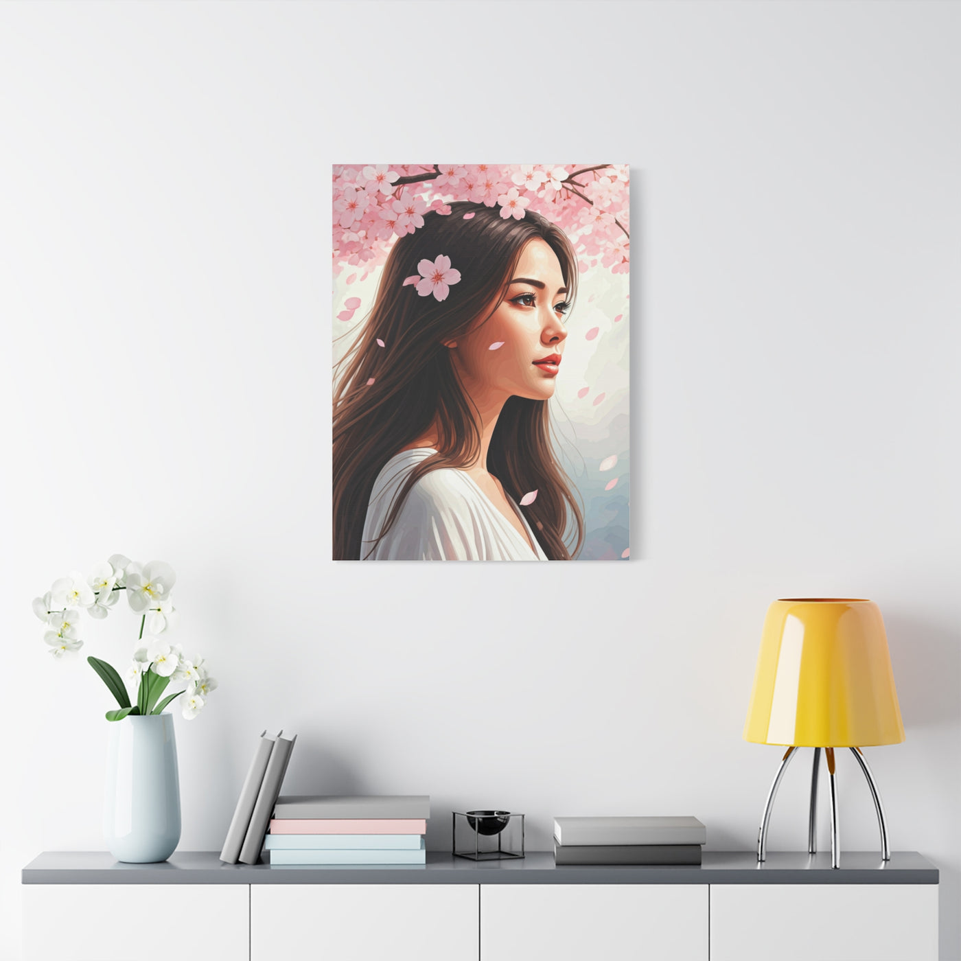 Woman Beneath Falling Cherry Blossoms Wall Art & Canvas Prints
