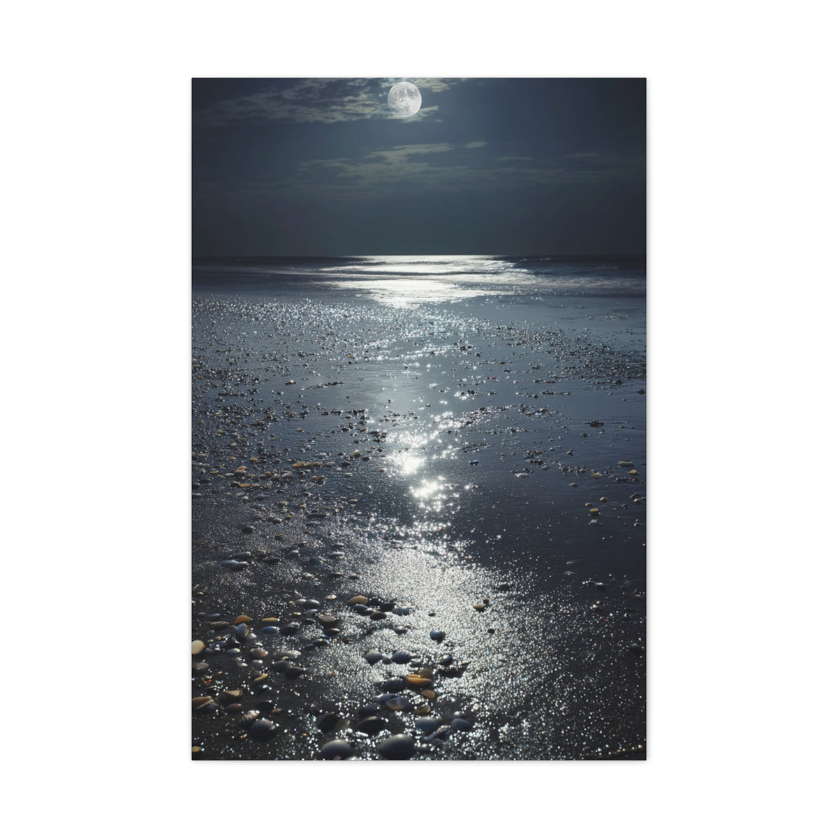Moonlit Beach Reflections with Scattered Seashells Wall Art & Canvas Print