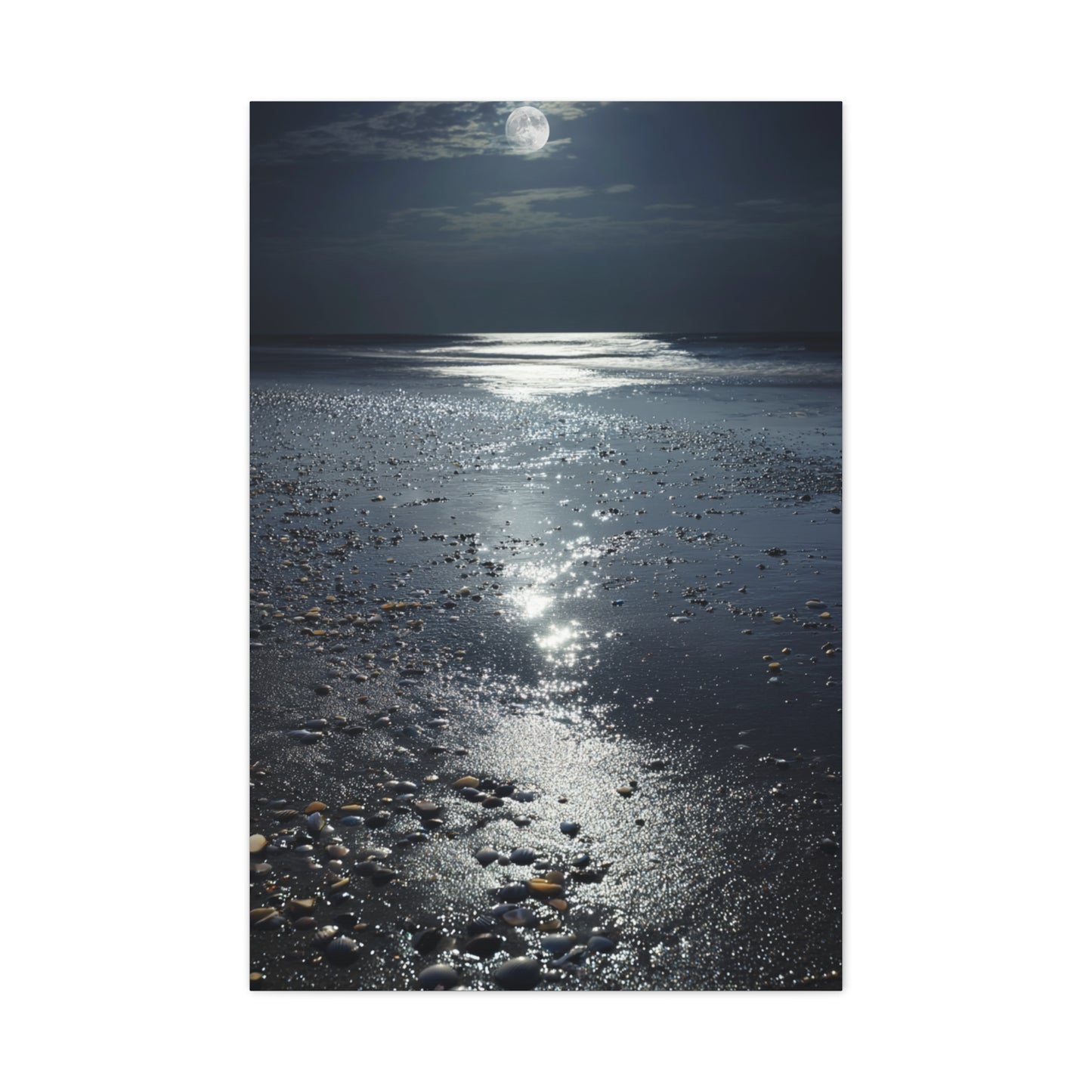Moonlit Beach Reflections with Scattered Seashells Wall Art & Canvas Print