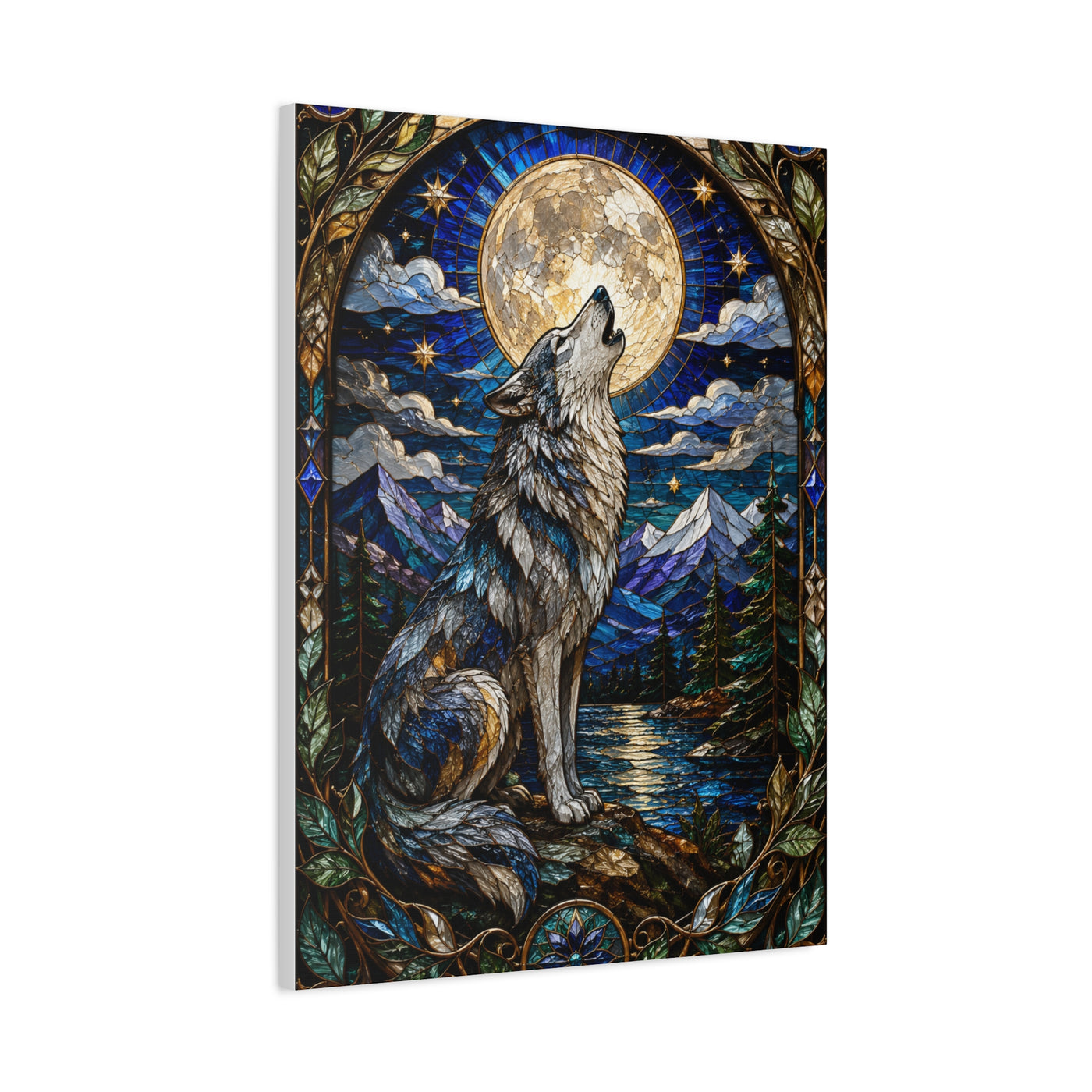 Stained Glass Moonlit Wolf Landscape Wall Art & Canvas Print