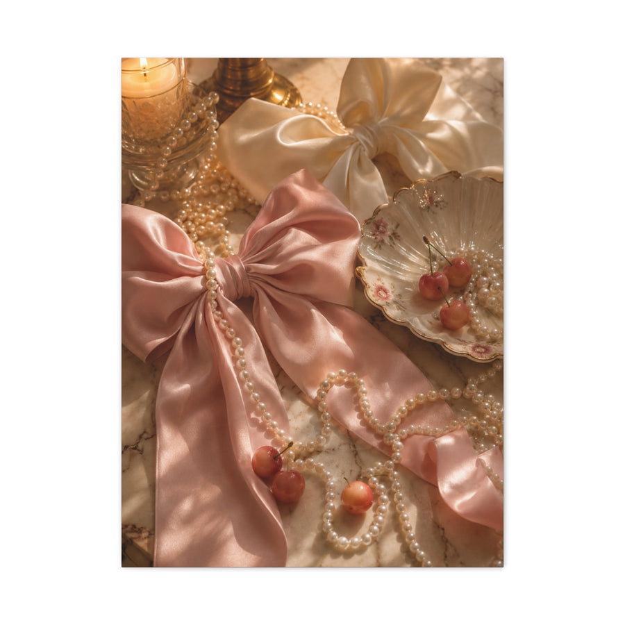 Coquette Silk Bow & Pearl Still Life Wall Art & Canvas Print