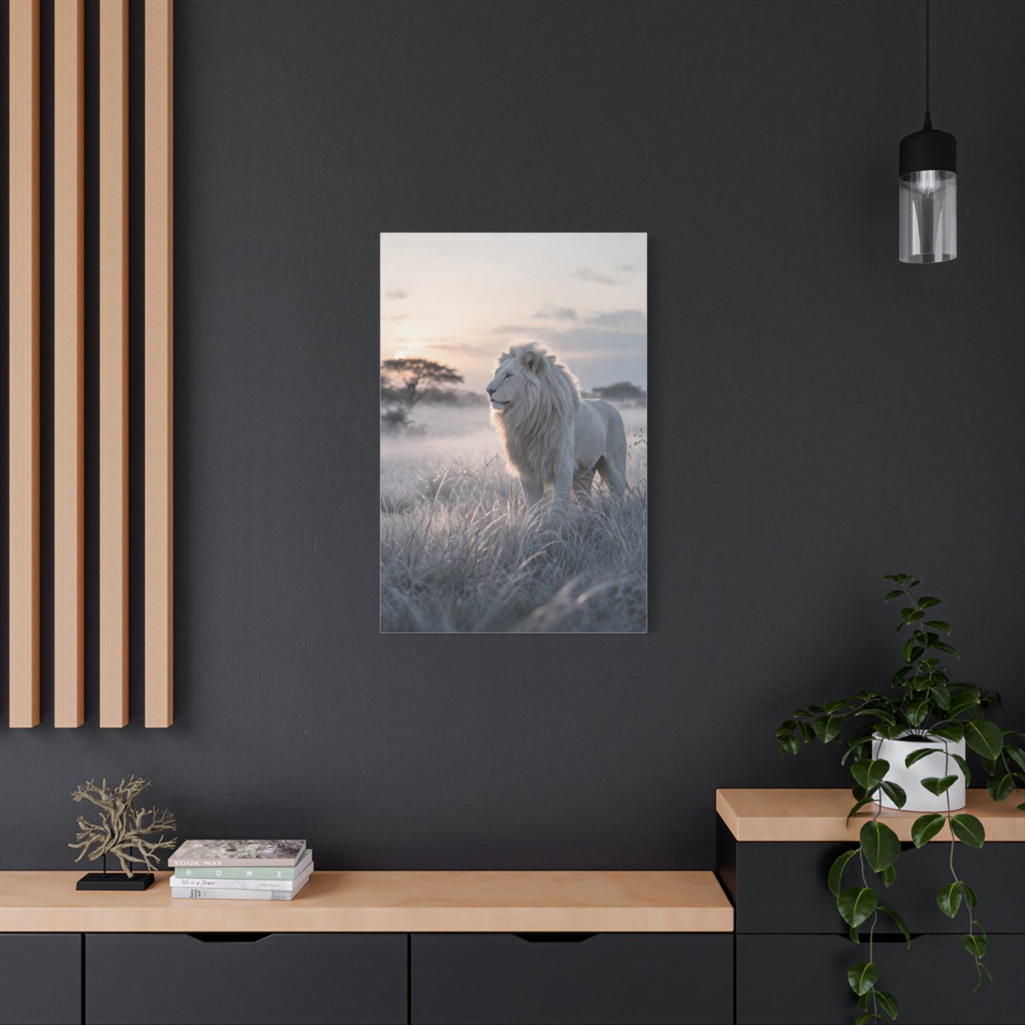 White Lion in Misty Savanna Dawn Wall Art & Canvas Print