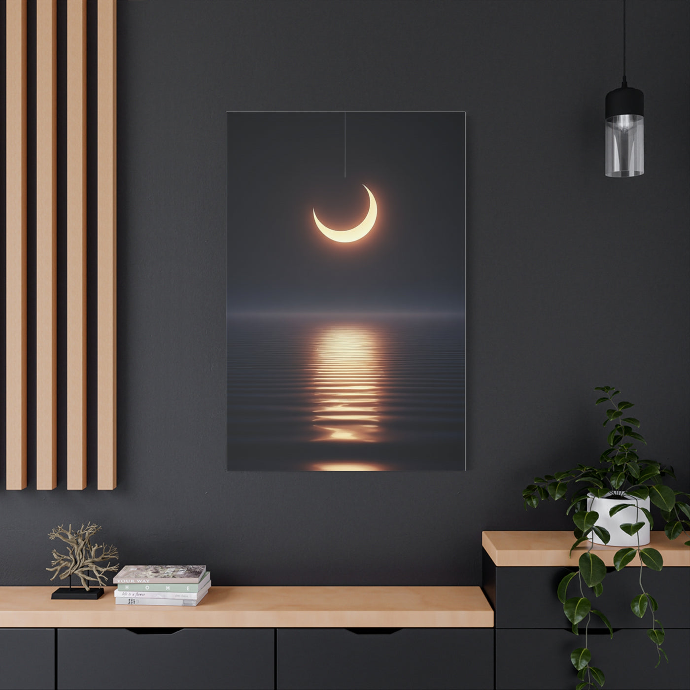 Crescent Moon Reflection Over Calm Water Wall Art & Canvas Prints
