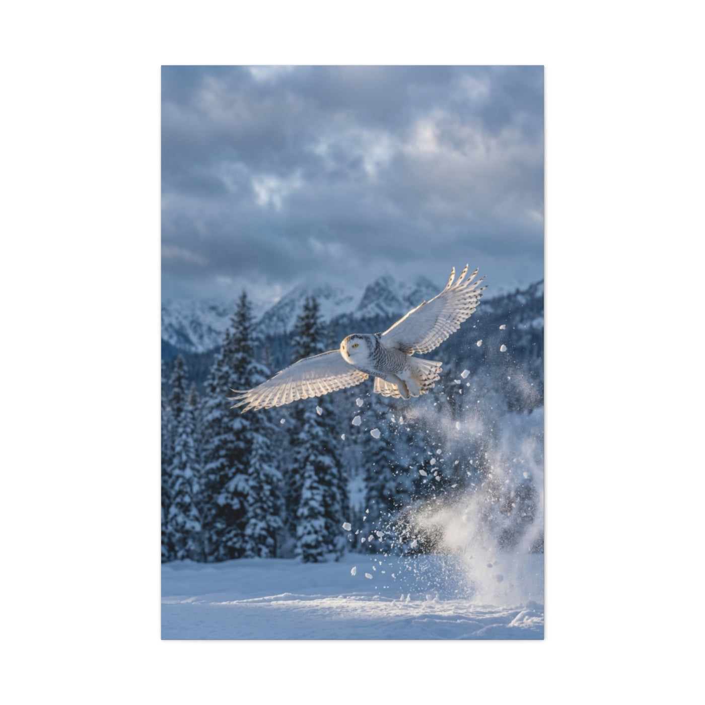 Snowy Owl Mountain Flight Wall Art & Canvas Print