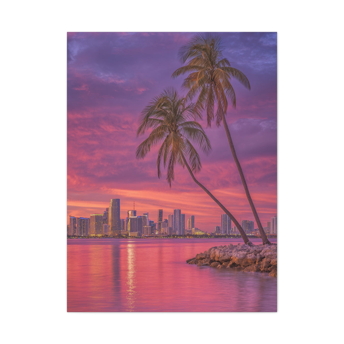 Miami Skyline Tropical Sunset With Palm Trees Wall Art & Canvas Print
