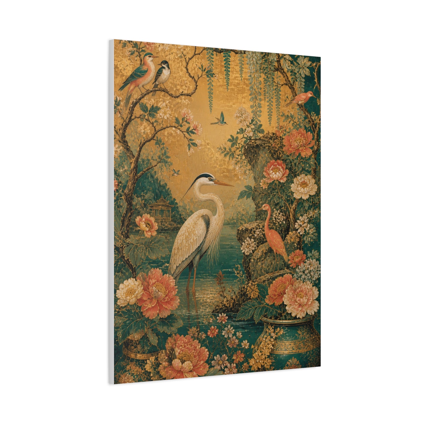 Golden Chinoiserie Garden Scene Wall Art & Canvas Print