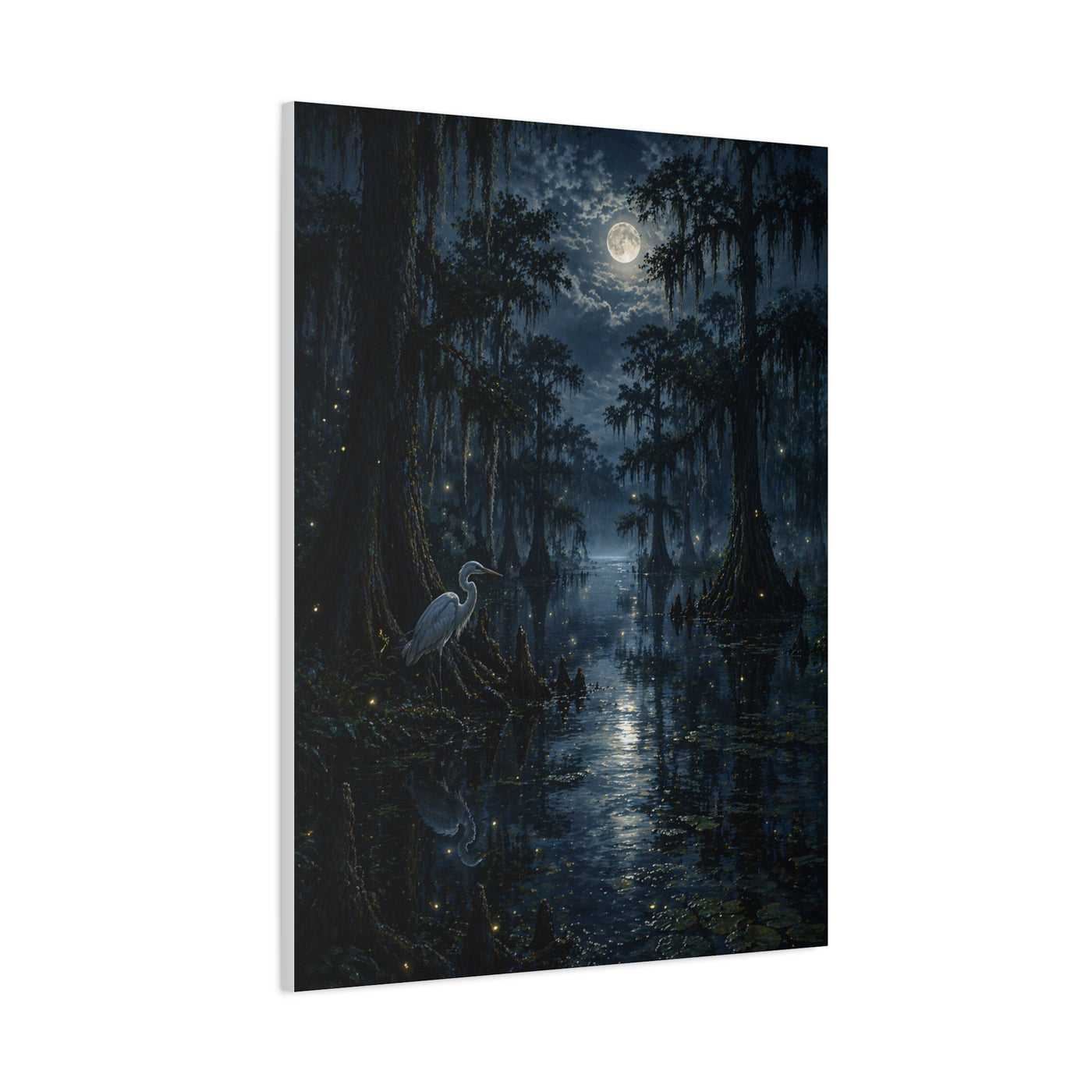 Moonlit Bayou Heron Scene Wall Art & Canvas Print
