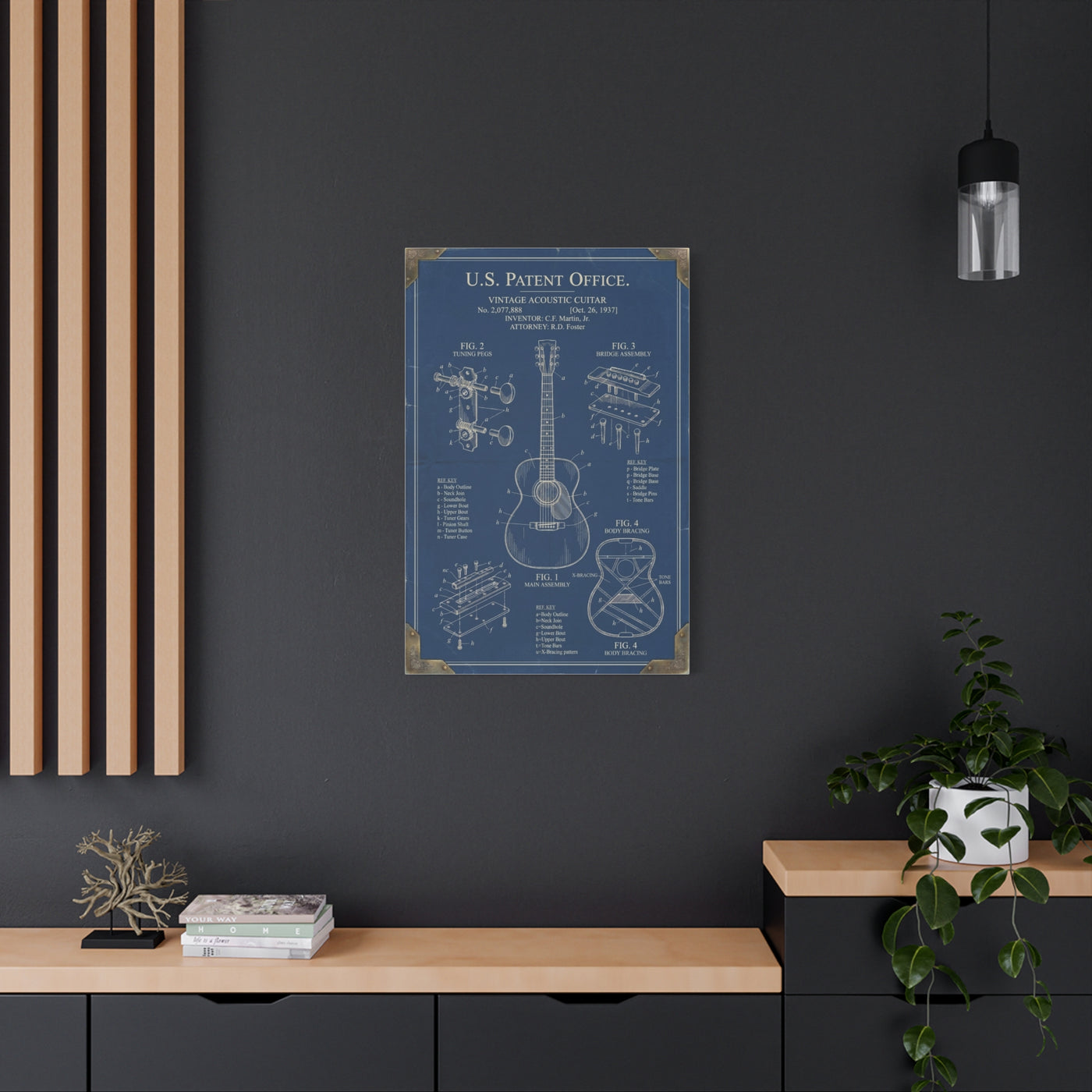 Vintage Acoustic Guitar Patent Blueprint Wall Art & Canvas Print