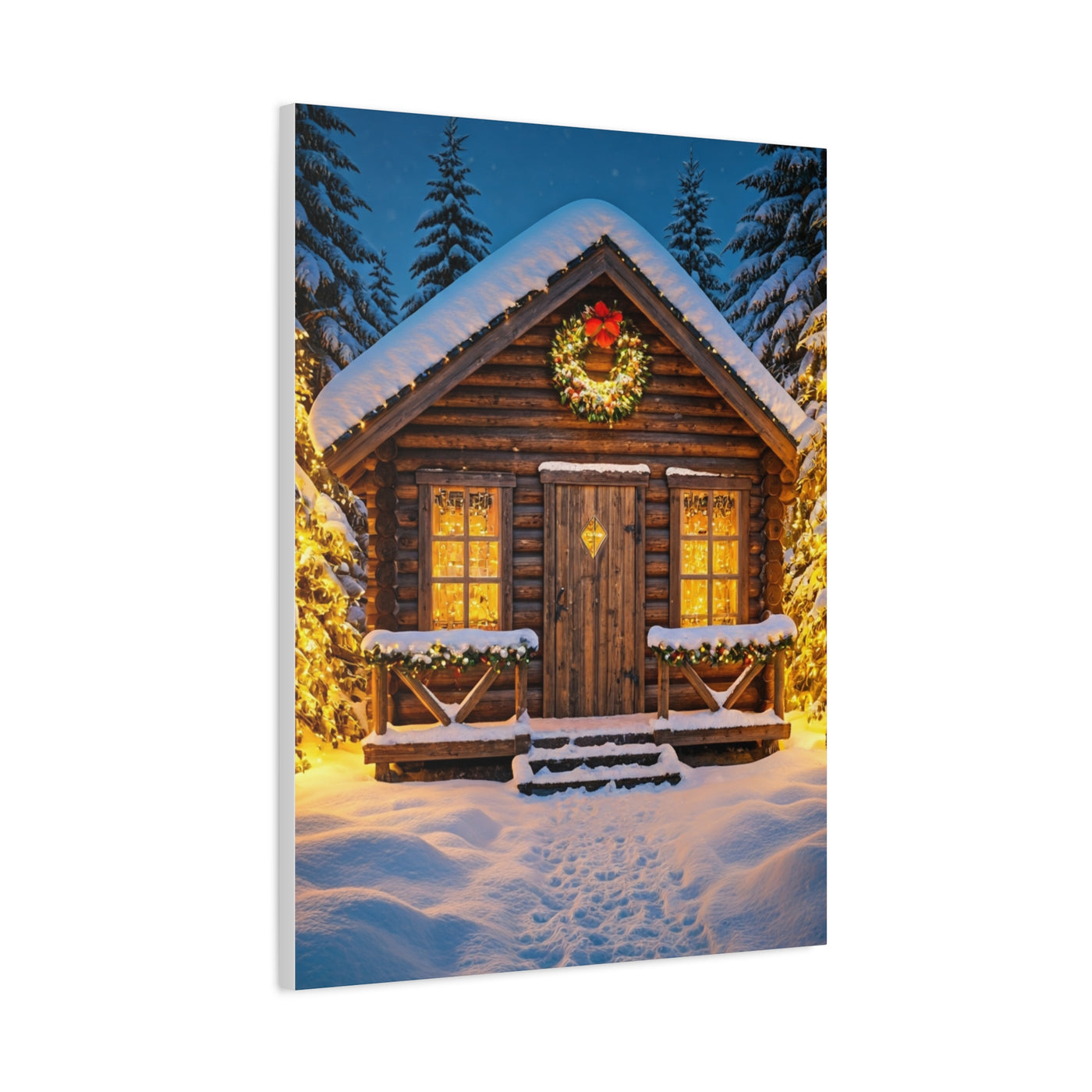 Cozy Snowy Christmas Cabin Among Pine Trees Wall Art & Canvas Print