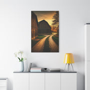 Country Road Between Rustic Barns at Golden Hour Wall Art & Canvas Prints