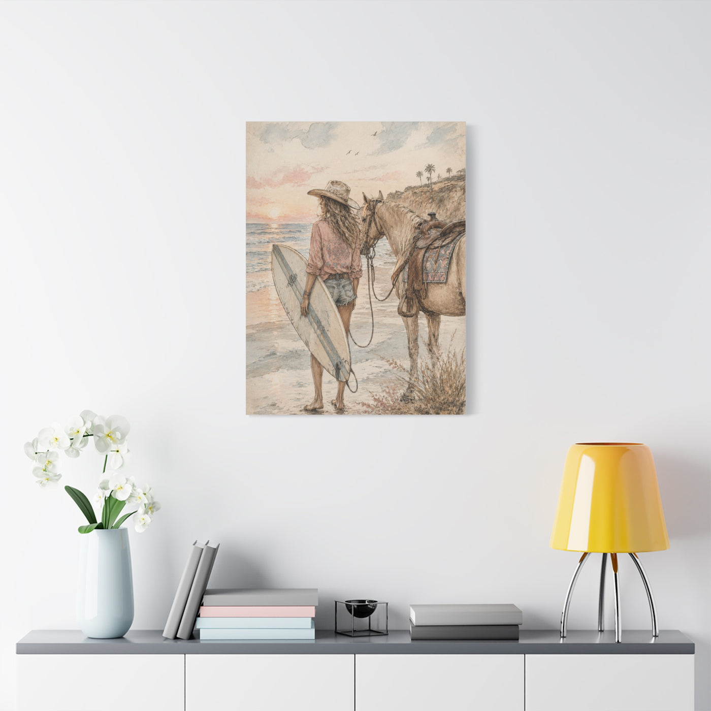 Surf Cowgirl Beach Horizon Scene Wall Art & Canvas Print