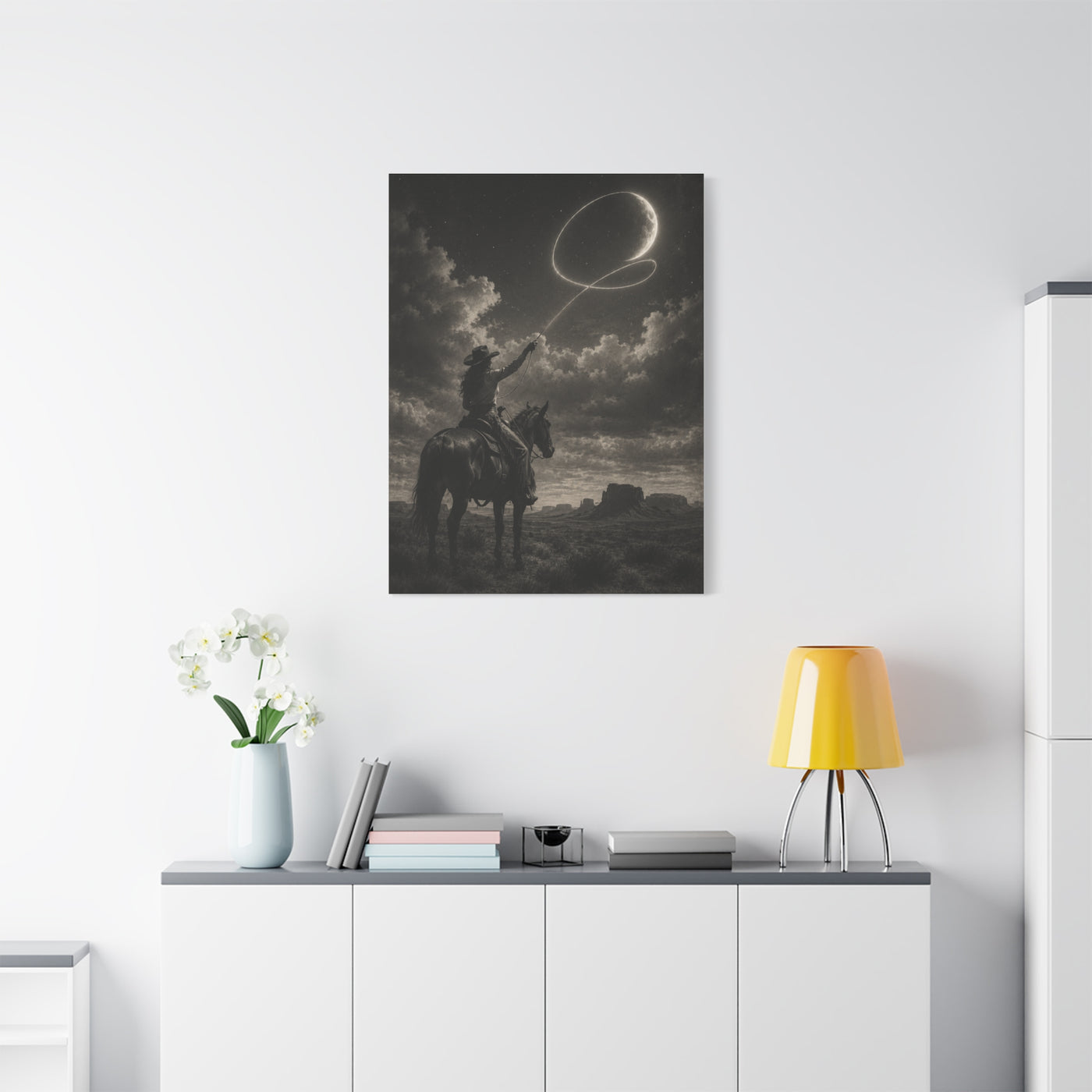 Cowgirl Moon Lasso Silhouette Scene Wall Art & Canvas Print