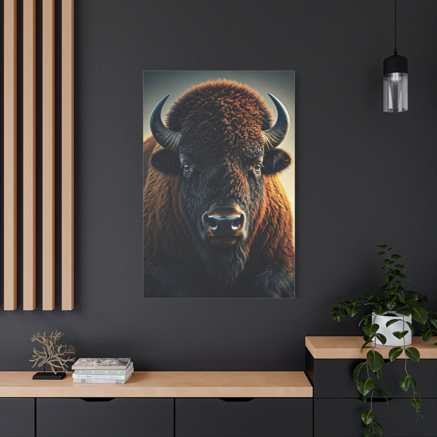 Classic Frontal American Bison Portrait with Soft Neutral Backdrop Wall Art & Canvas Print