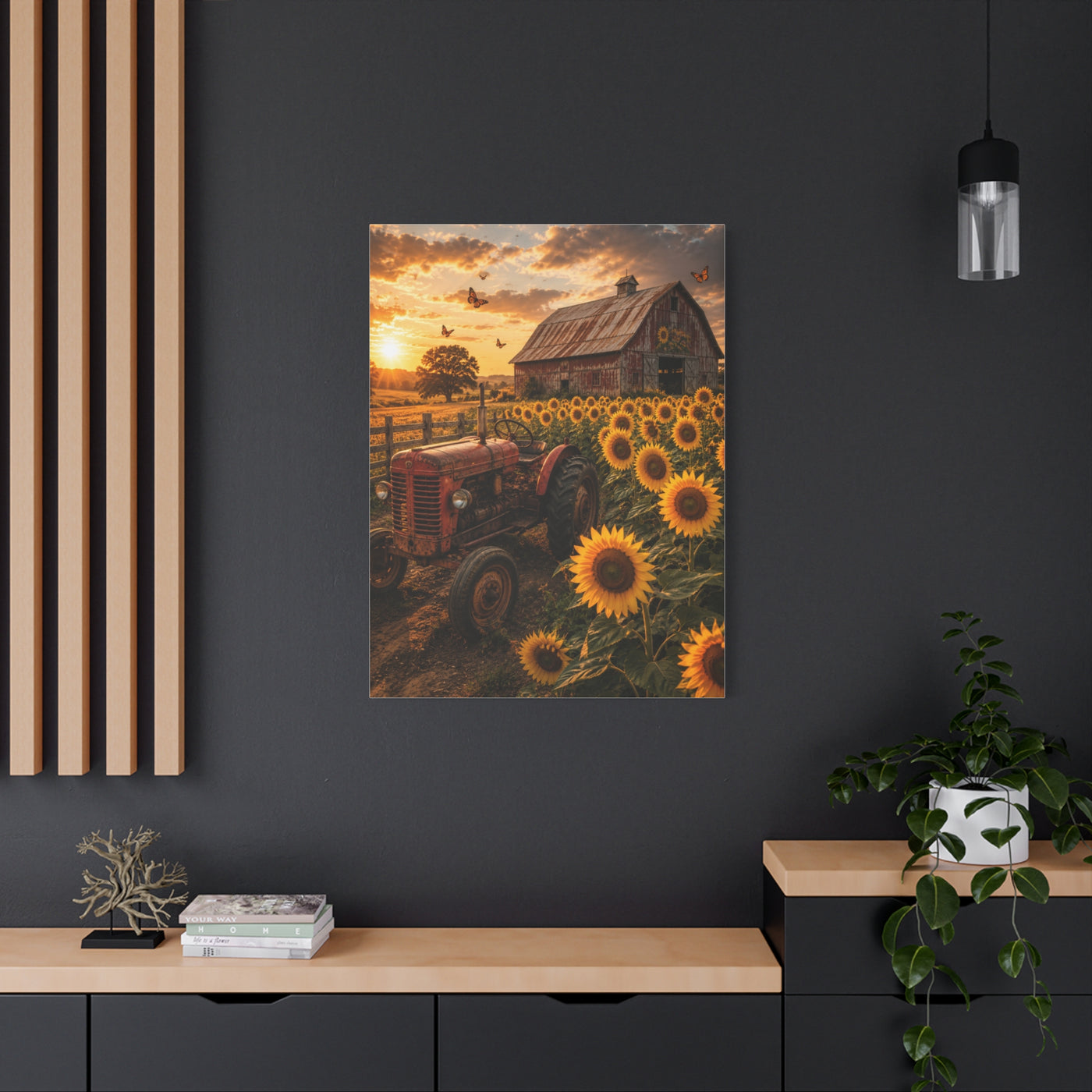 Rustic Farmhouse Sunflower Field Tractor Wall Art & Canvas Print