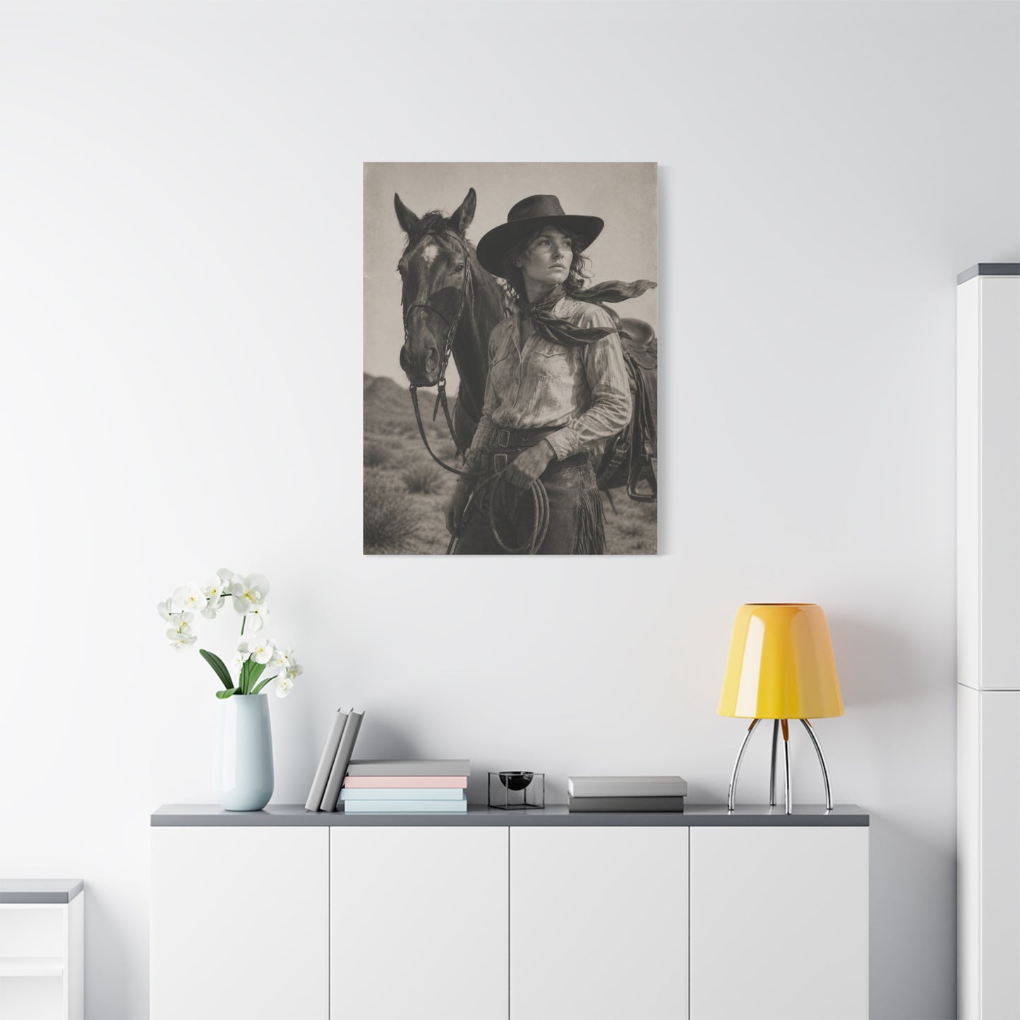 Black & White Cowgirl Portrait with Horse Wall Art & Canvas Print