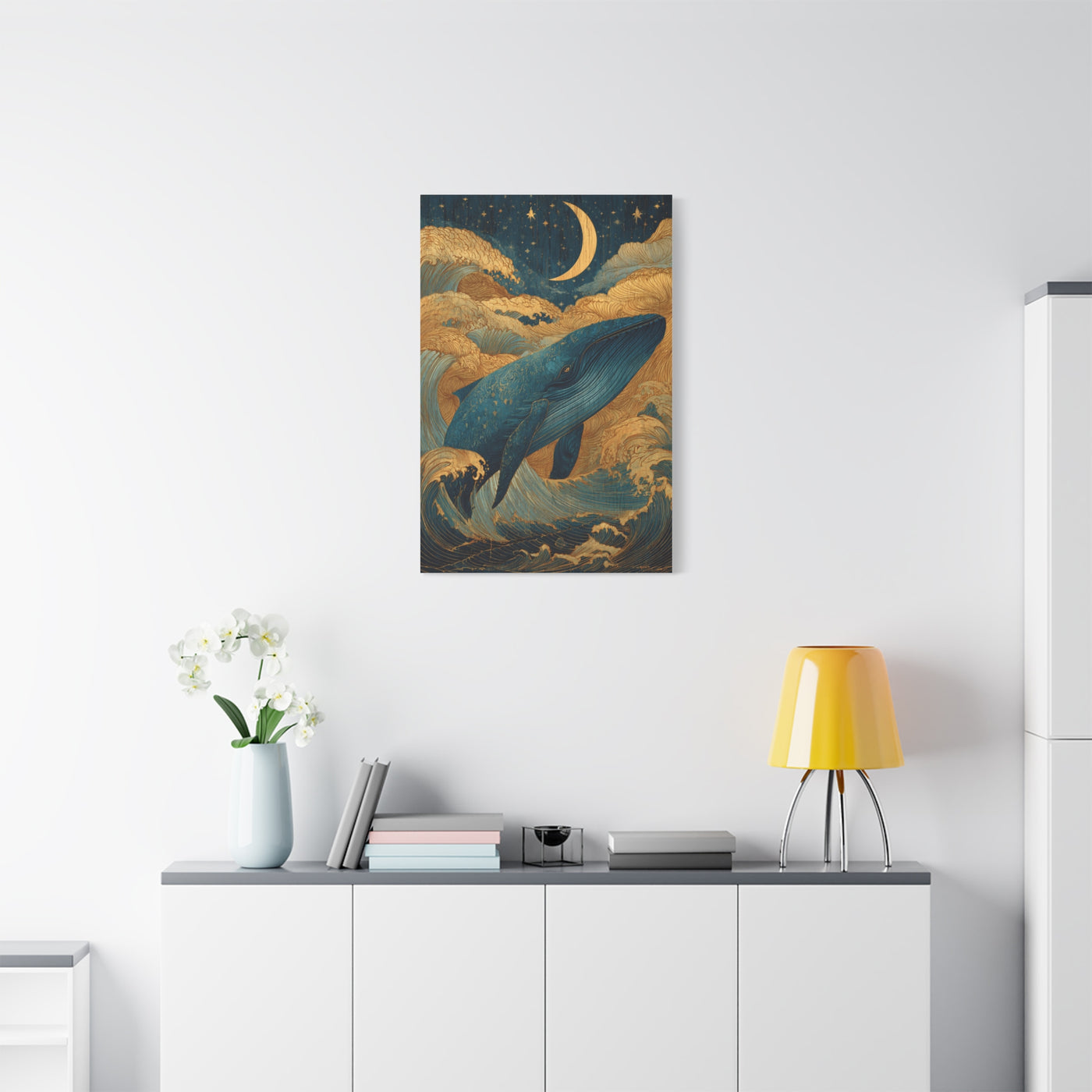 Folk Whale Moonlit Ocean Wall Art & Canvas Print