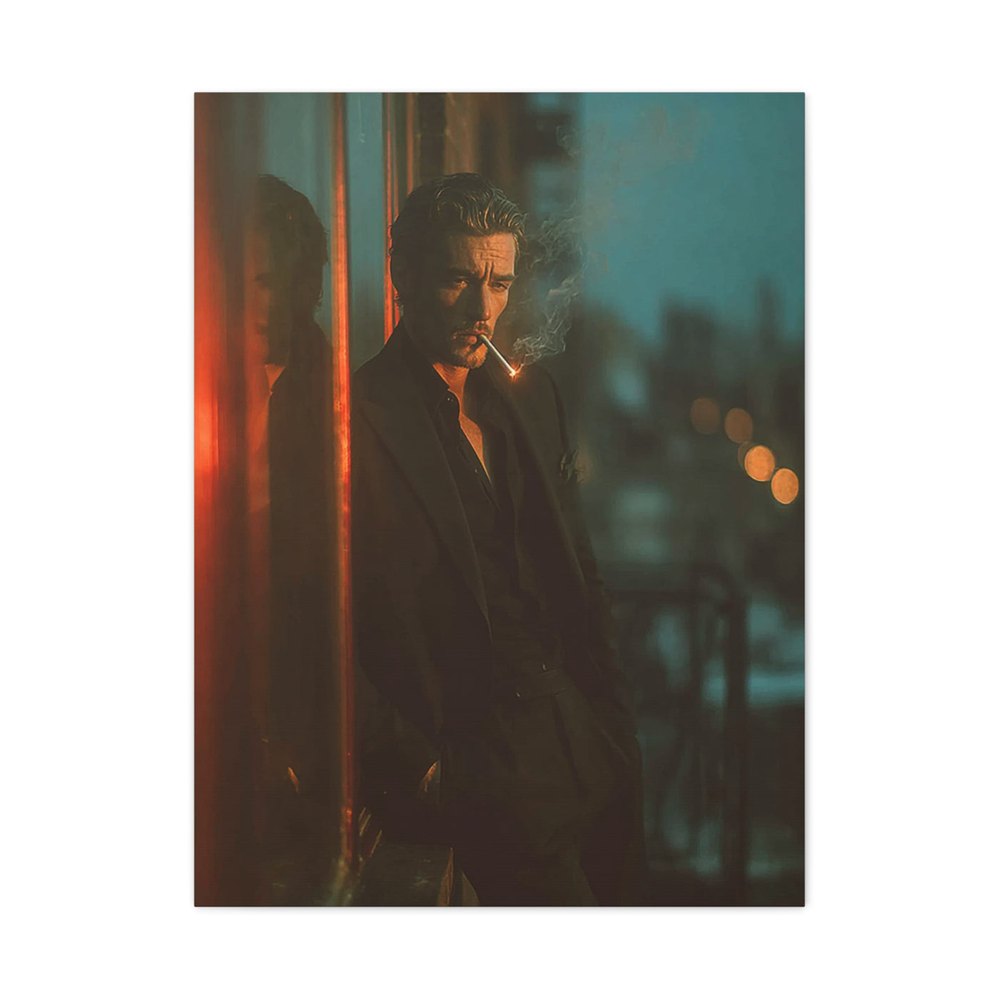 Man Smoking Fire Escape Noir Portrait Wall Art & Canvas Print