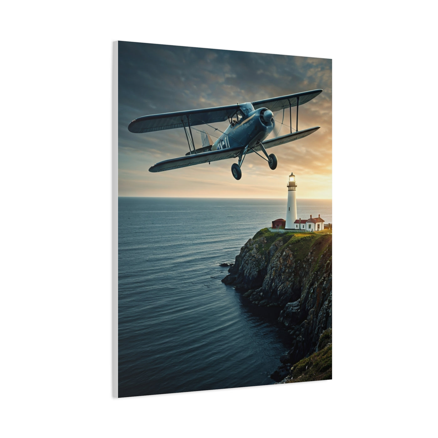 Coastal Biplane Over Lighthouse Horizon Wall Art & Canvas Prints