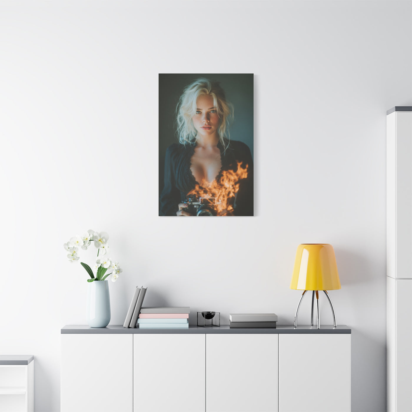 Blonde Muse Fire Camera Portrait Wall Art & Canvas Print