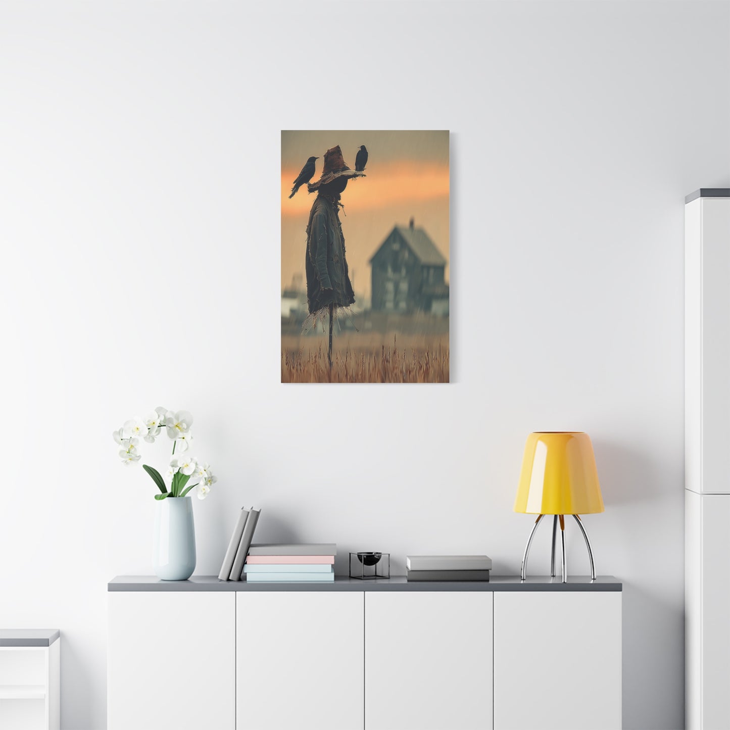 Old Scarecrow in Harvest Field with Crows Wall Art & Canvas Print