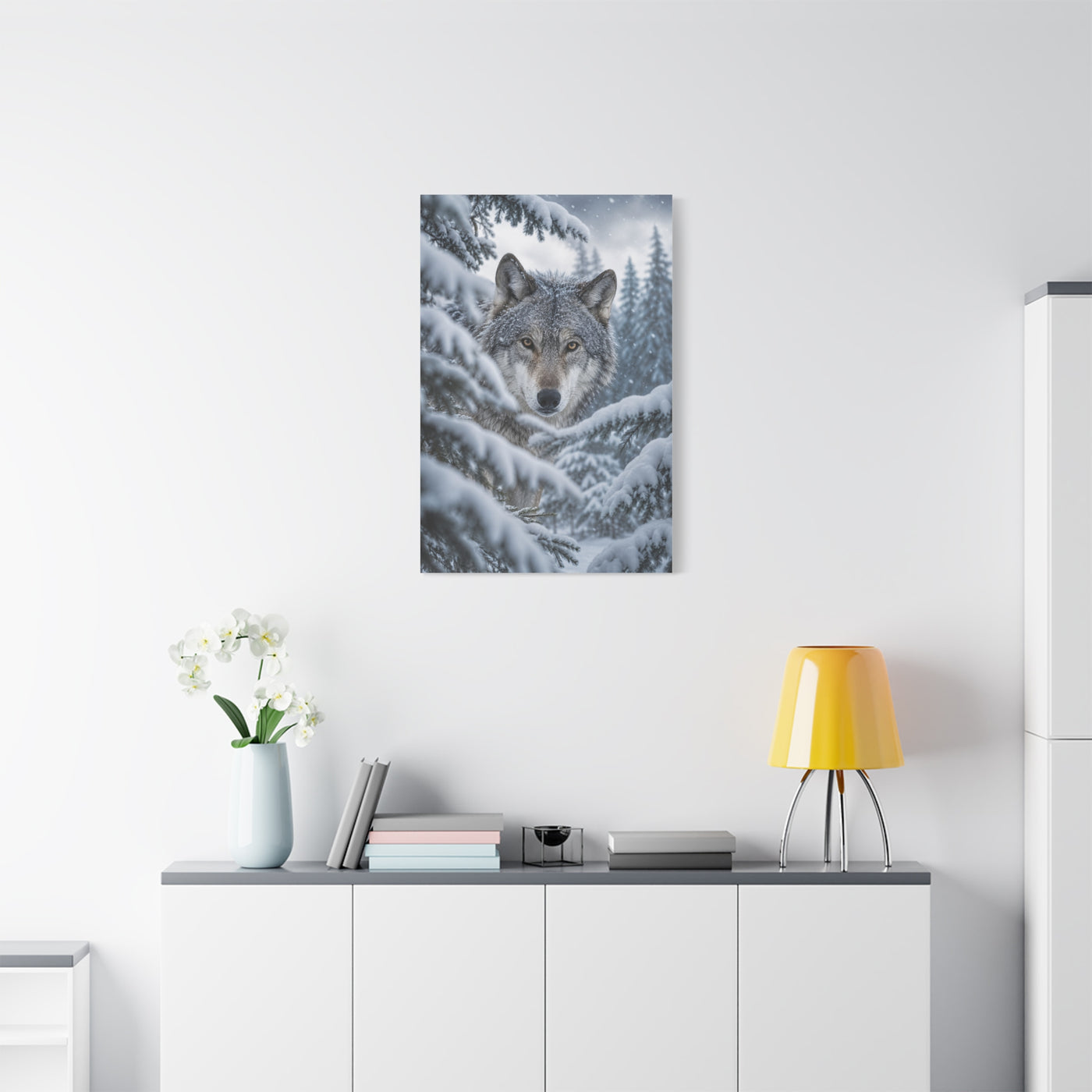 Snow-Covered Pine Wolf Close Portrait Wall Art & Canvas Print