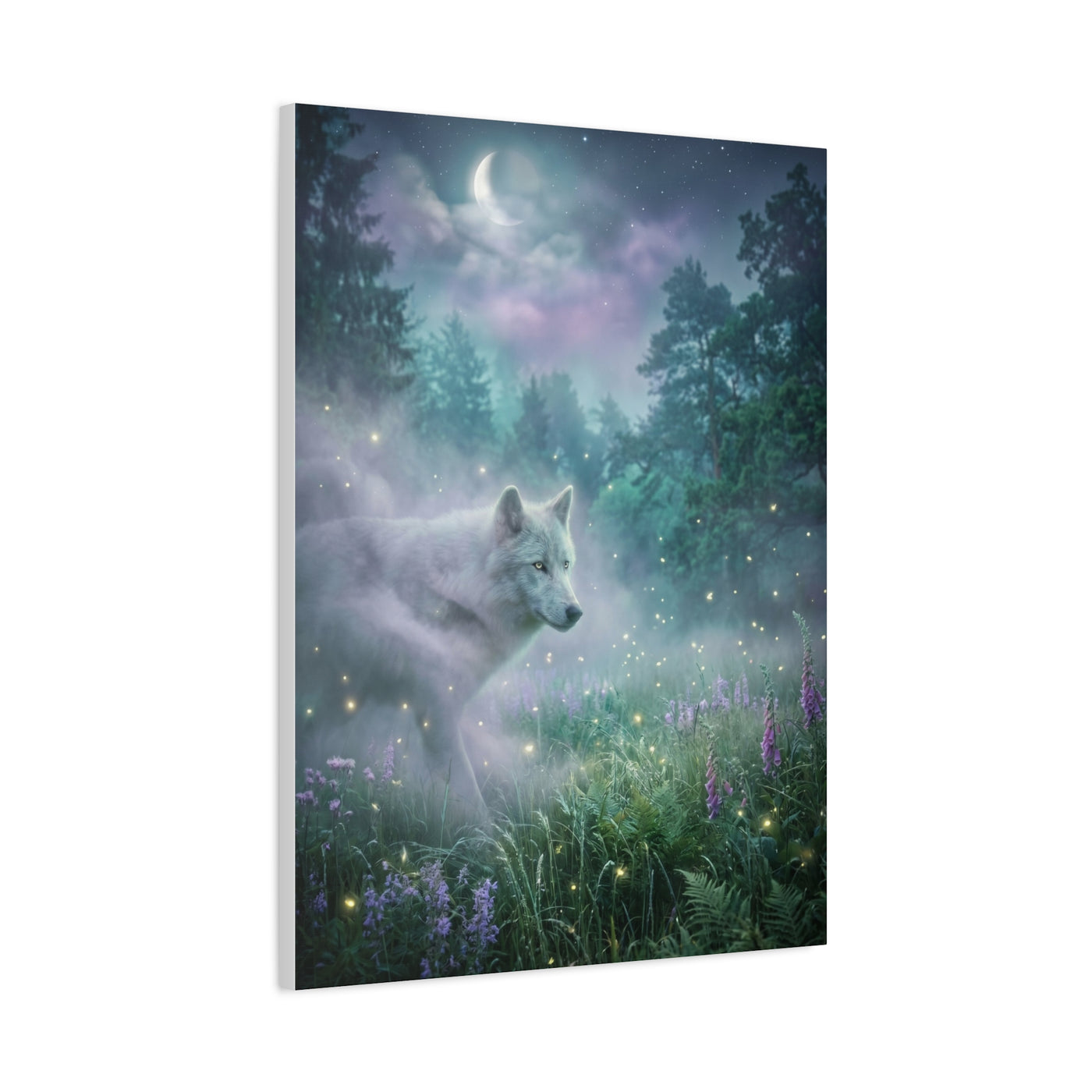Ethereal White Wolf Moonlit Meadow Scene Wall Art & Canvas Print