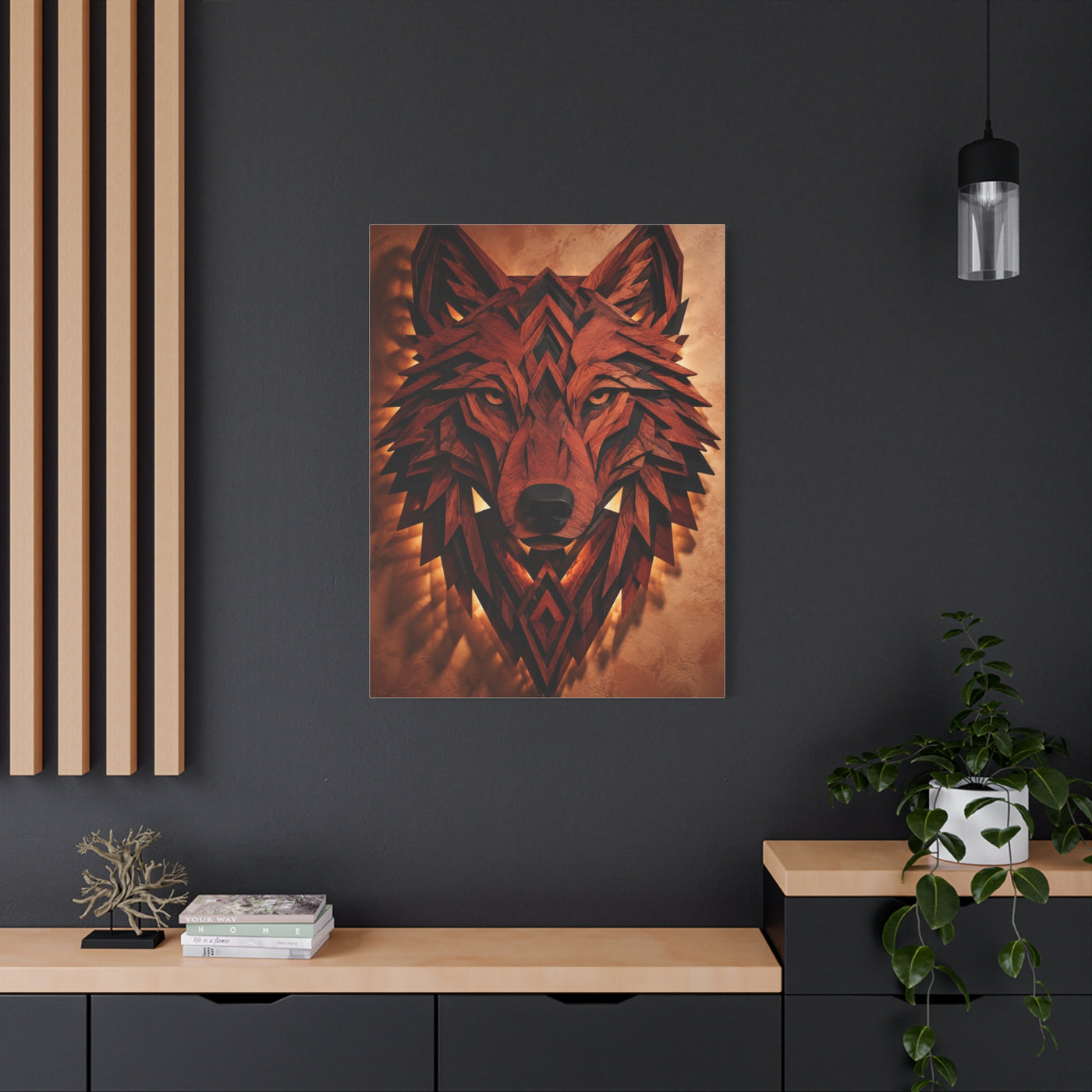 Geometric Carved Wood Wolf Head Sculpture Wall Art & Canvas Print