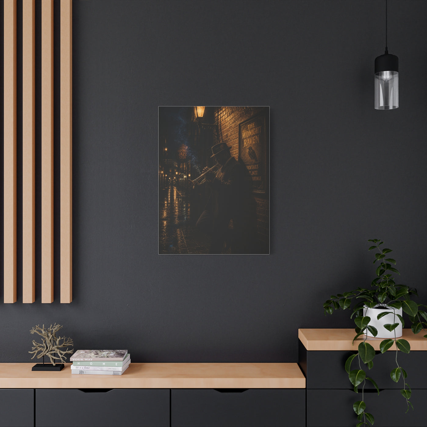 Midnight Jazz Alley Trumpeter Wall Art & Canvas Print