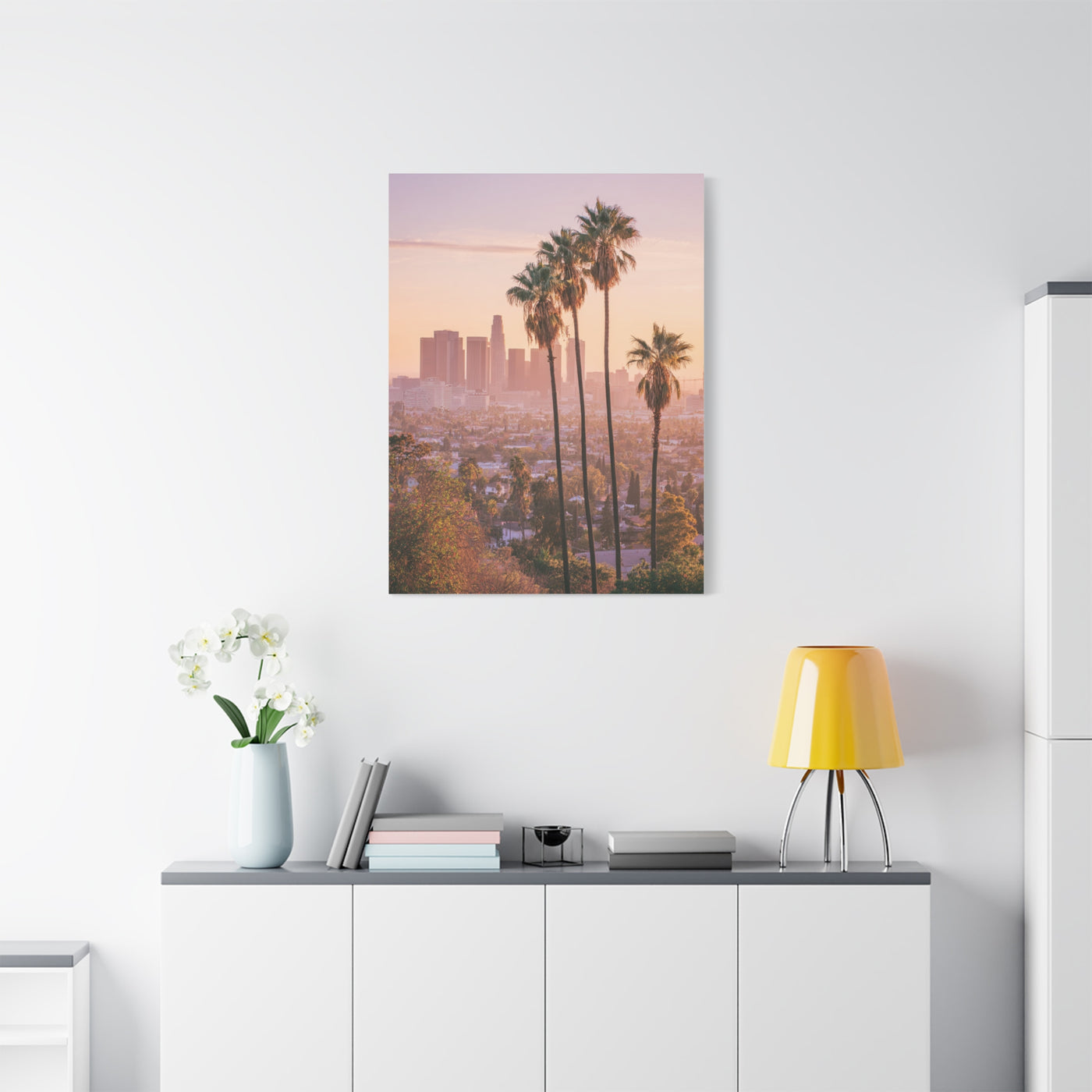 Los Angeles Sunset Skyline with Palm Trees Wall Art & Canvas Print