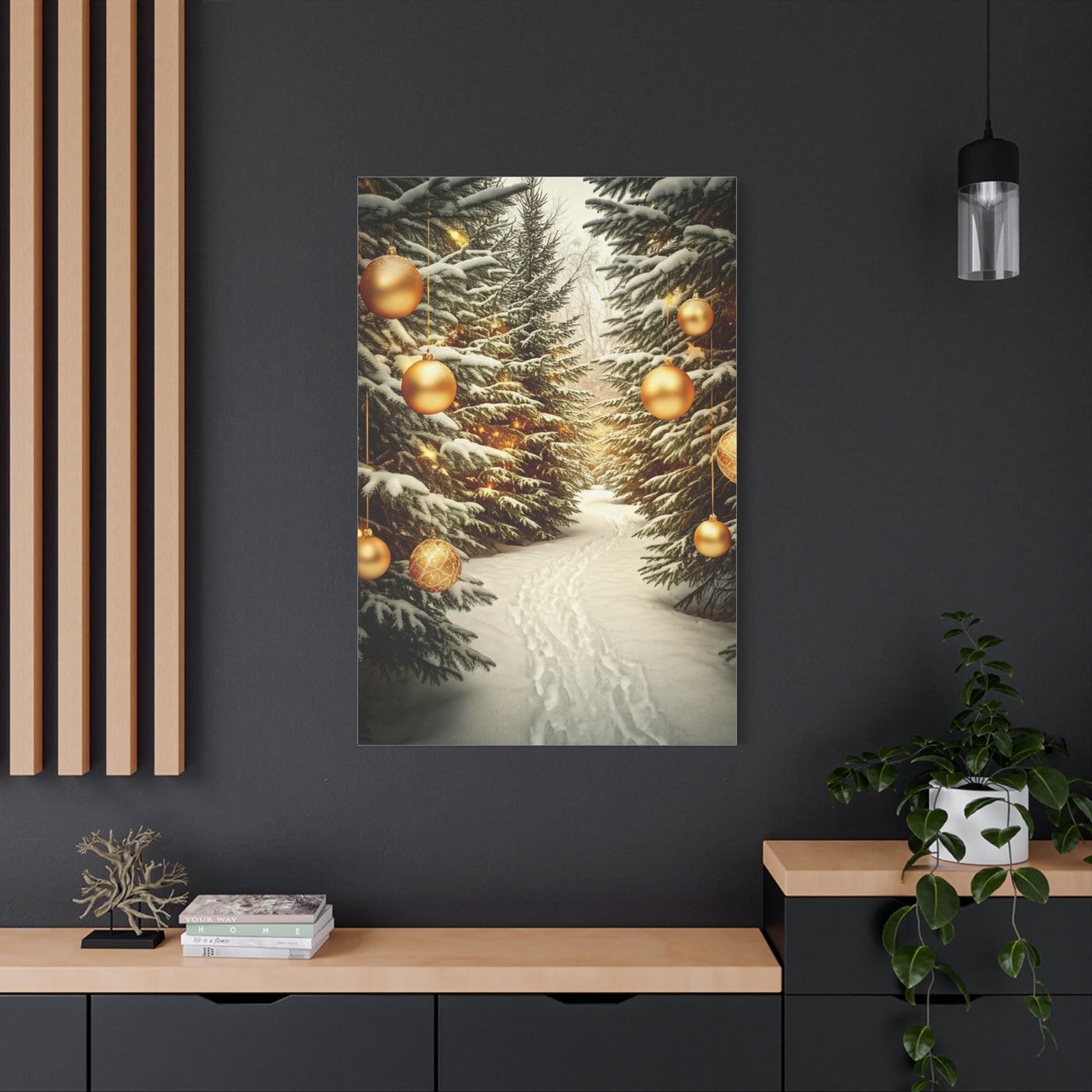 Snowy Pine Path With Golden Christmas Ornaments Wall Art & Canvas Print