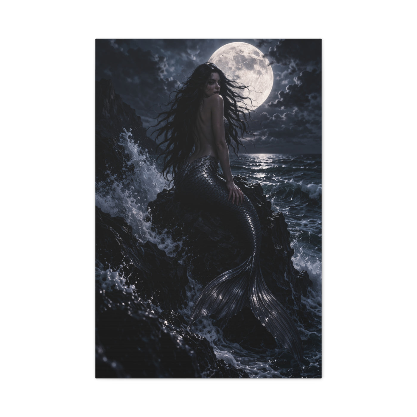 Midnight Moon Siren on the Rocks Wall Art & Canvas Print