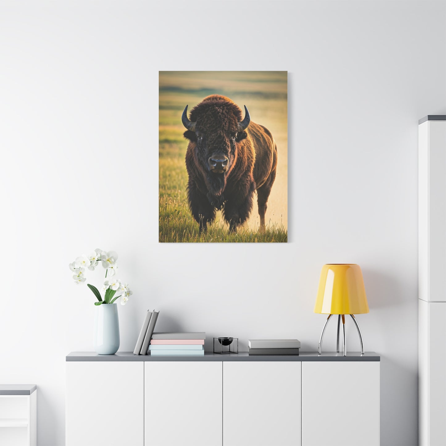 American Baby Bison Walking Through Prairie Grass Wall Art & Canvas Print
