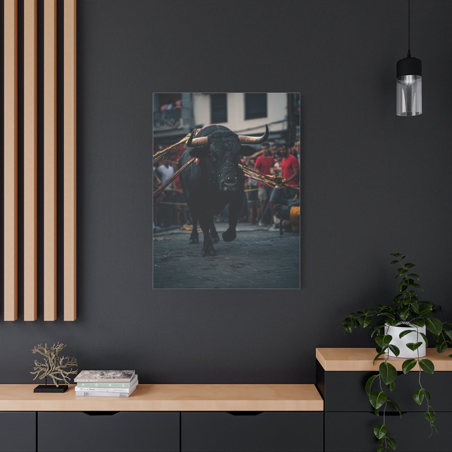 Bull Guided Through Festival Streets Wall Art & Canvas Print