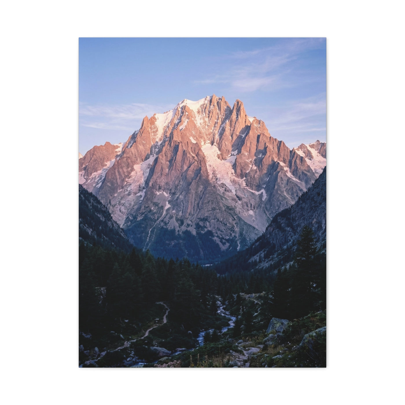 Sunlit Alpine Peak & Forest Valley Wall Art & Canvas Print
