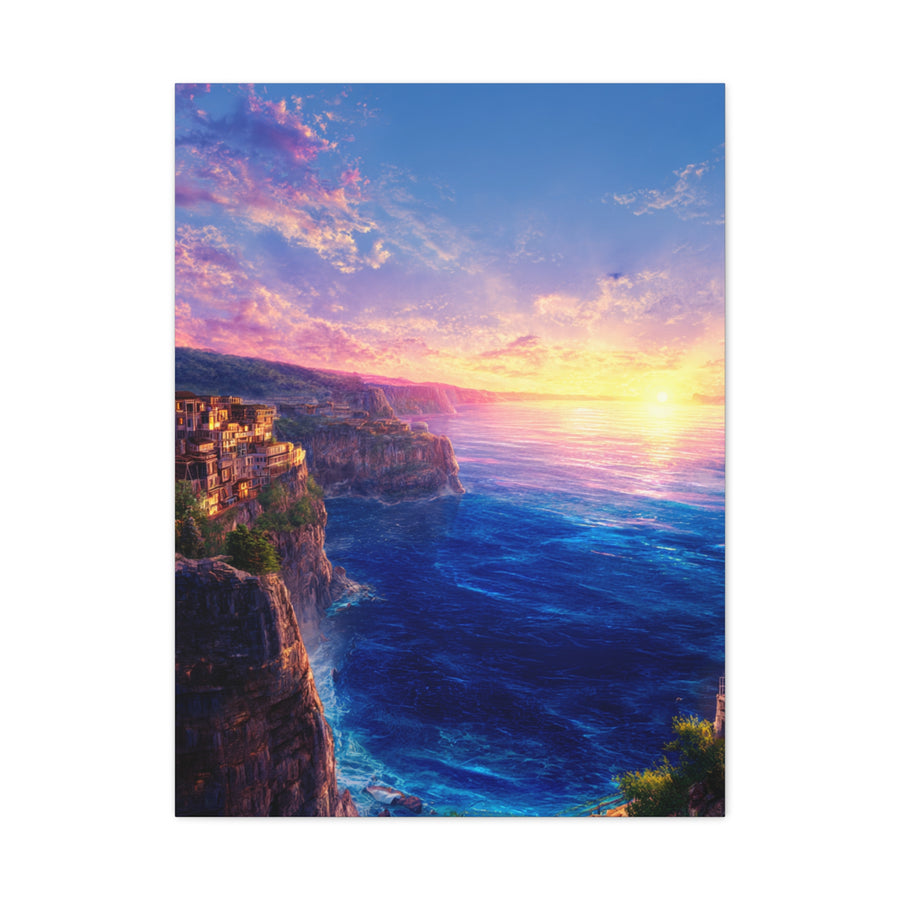 Coastal Village Cliffs at Golden Sunset Wall Art & Canvas Print