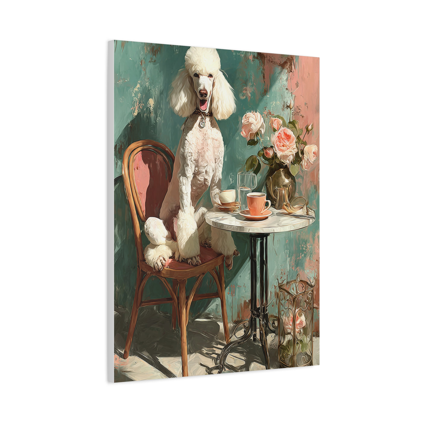 Paris Café Poodle with Roses Wall Art & Canvas Print