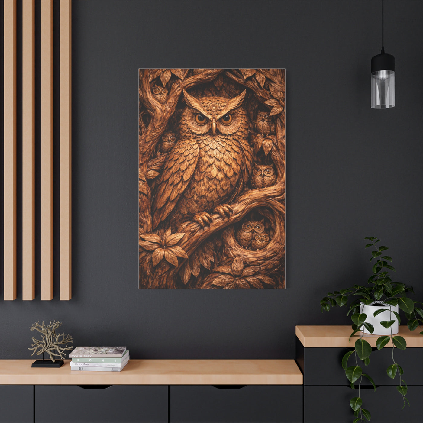 Hand-Carved Owl Family Wood Relief Wall Art & Canvas Print