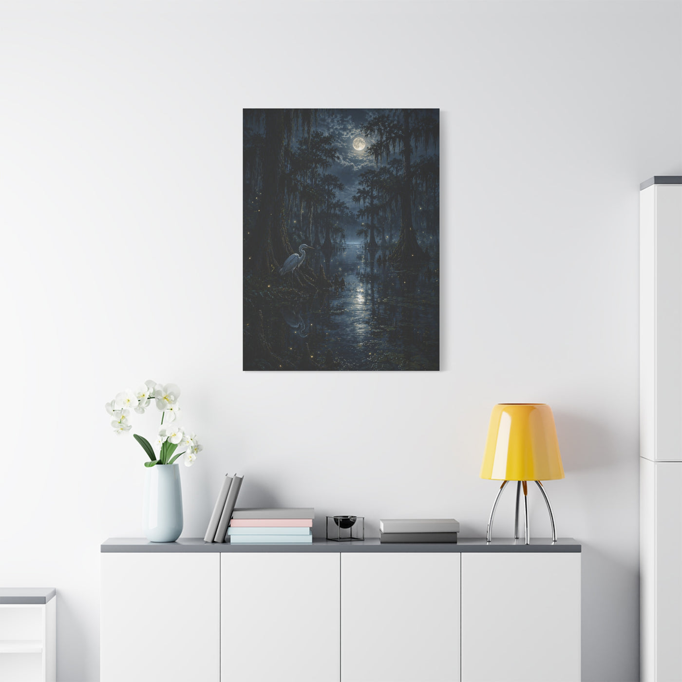 Moonlit Bayou Heron Scene Wall Art & Canvas Print