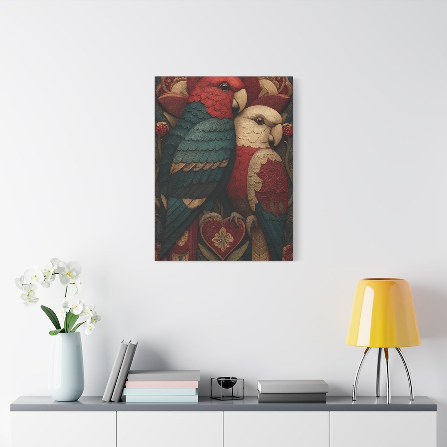 Fraktur Lovebirds Folk Ornament Wall Art & Canvas Print