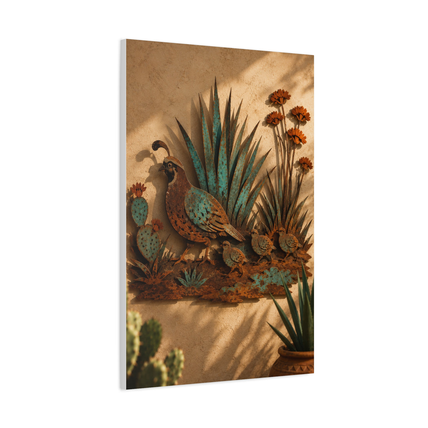 Quail Family Metal Relief Southwest Wall Art & Canvas Print
