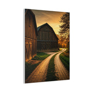 Country Road Between Rustic Barns at Golden Hour Wall Art & Canvas Prints