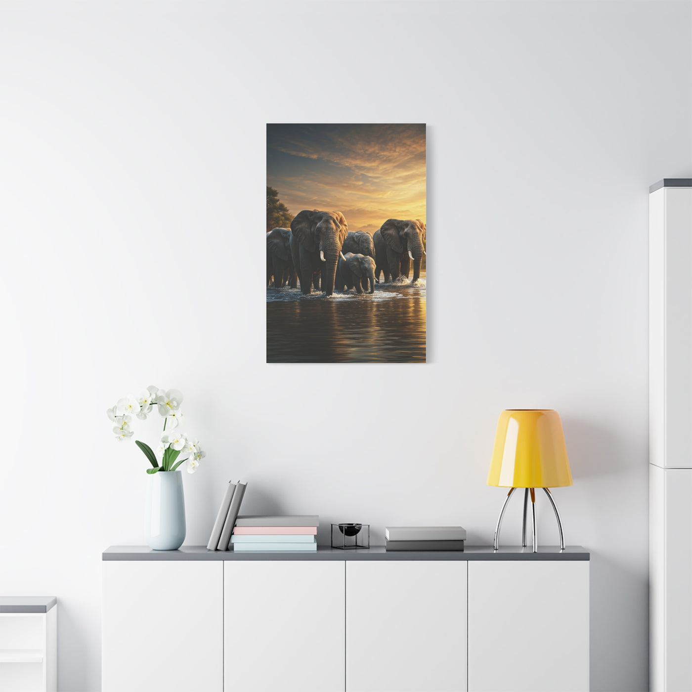 Elephant Family Crossing at Golden Dawn Wall Art & Canvas Prints