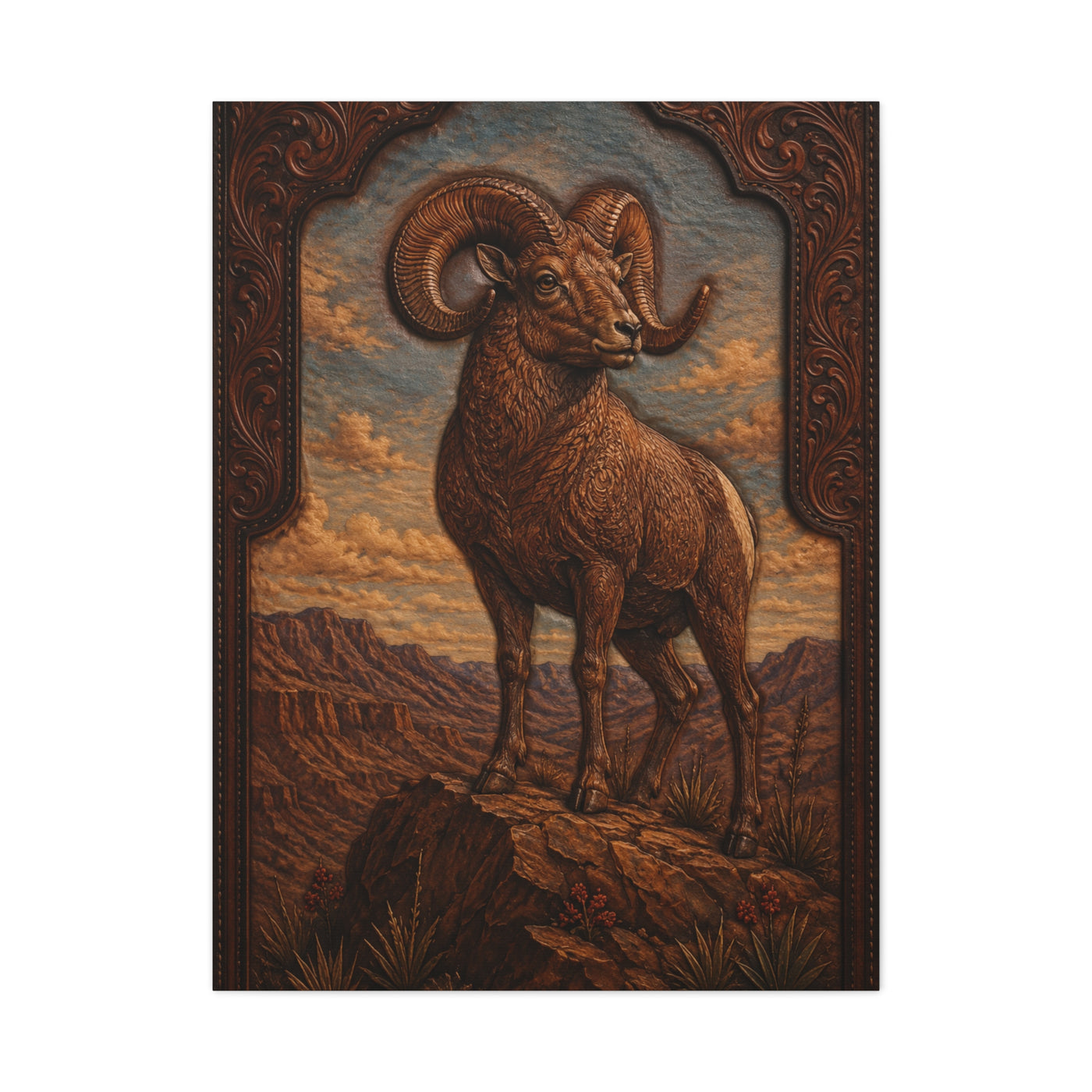 Hand Tooled Bighorn Sheep Southwest Wall Art & Canvas Print