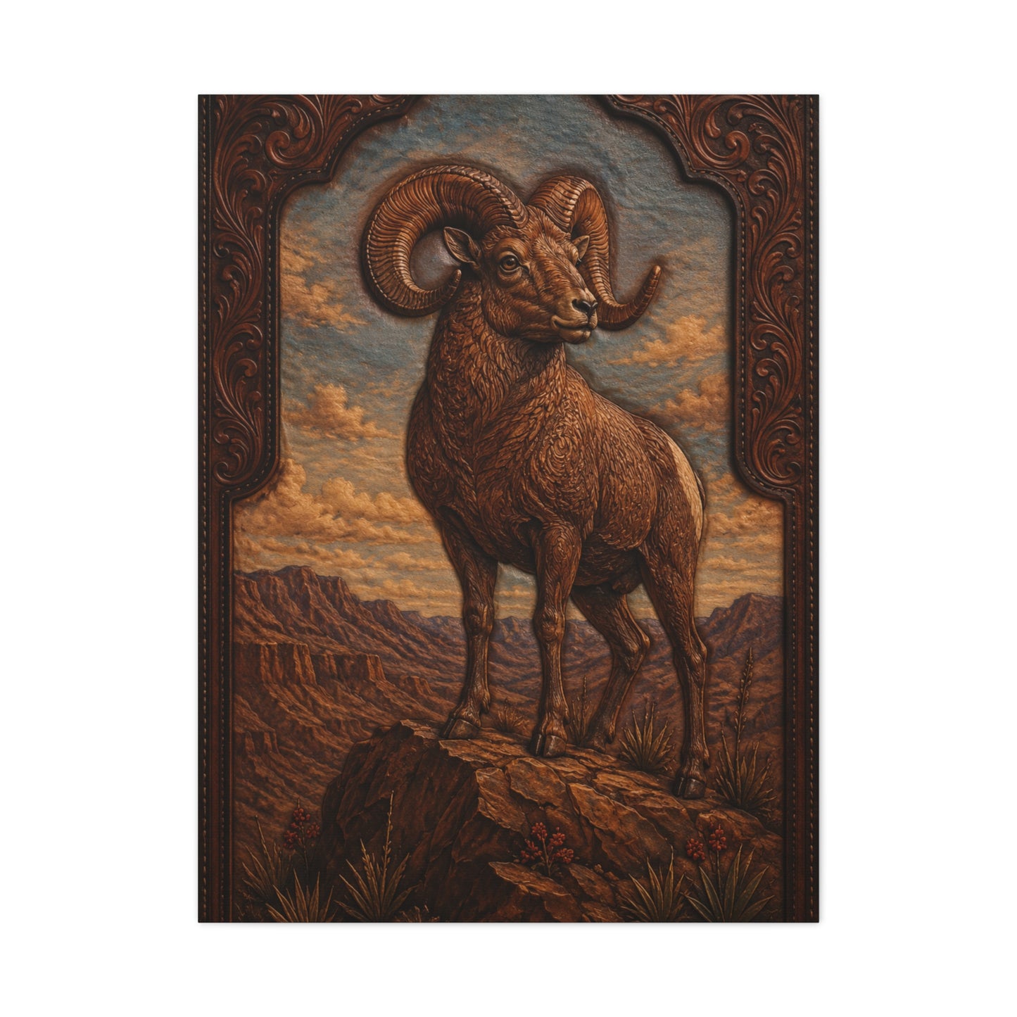 Hand Tooled Bighorn Sheep Southwest Wall Art & Canvas Print