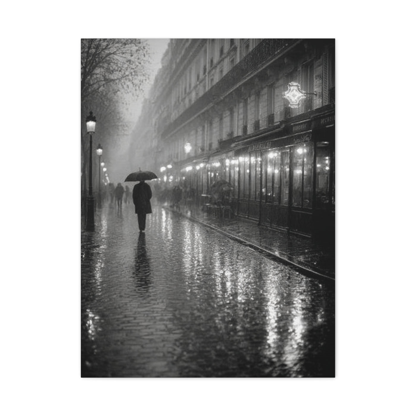 Rainy Paris Street Monochrome Wall Art & Canvas Print