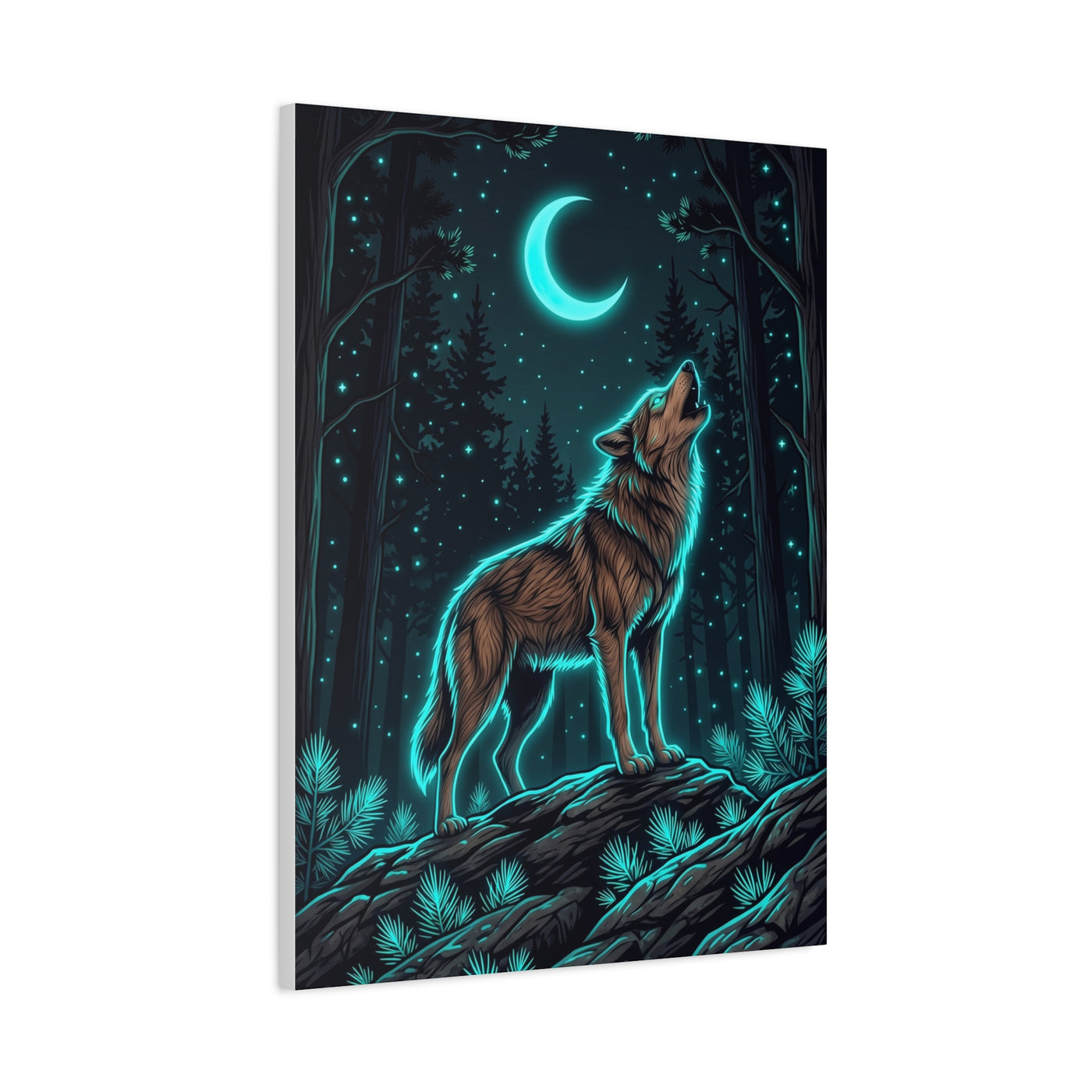 Moonlit Forest Wolf Neon Outline Scene Wall Art & Canvas Print