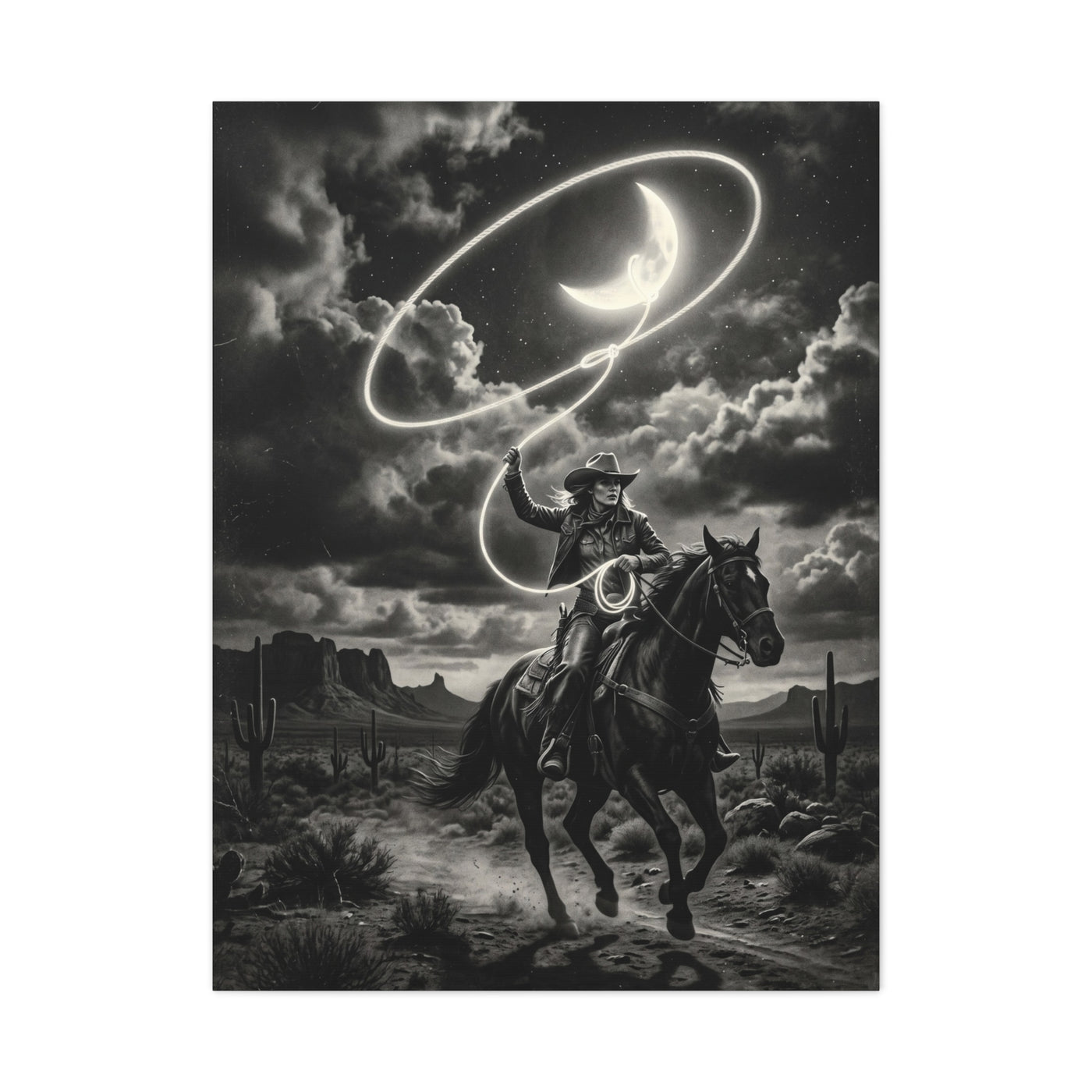 Moon Lasso Cowgirl Night Scene Wall Art & Canvas Print