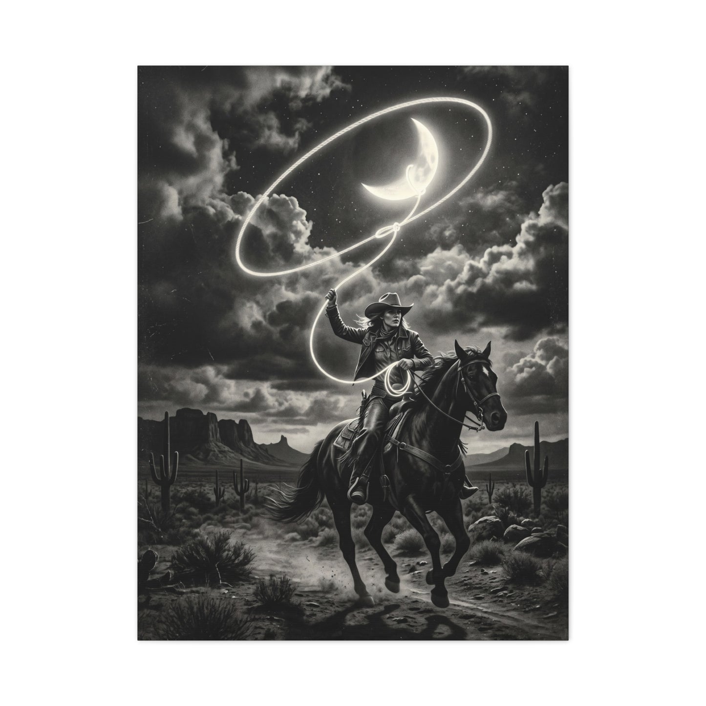 Moon Lasso Cowgirl Night Scene Wall Art & Canvas Print